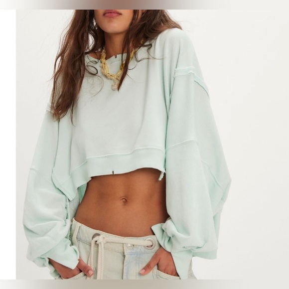 Free People We The Free Camden Cropped Sweatshirt - mint julep - Medium - NWOT - Picture 3 of 9